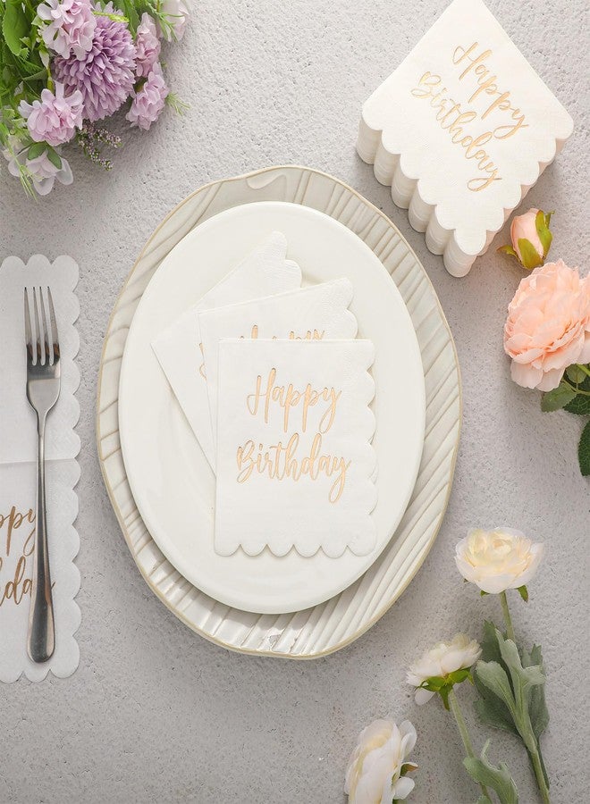 Qilery 100 Pack Happy Birthday Napkins Bulk Scalloped Disposable Cocktail White and Gold Napkins 2 Ply Paper Serviette for Birthday Party Supplies, 5 x 5 Inch - Image 4